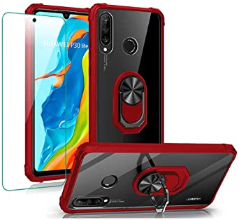 for Huawei P30 Lite Phone Case DMDMBATH Case for Huawei P30 Lite with Ring Holder Screen Protector Kickstand All-Inclusive Thickened Anti-Fall Hard Pc Clear Back Shell Ring Magnetic Car Mount (Red)