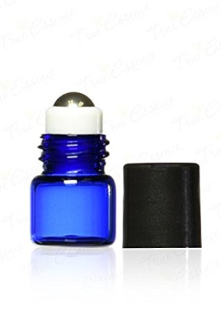 True Essence 1 ml, (1/4 Dram) Cobalt Blue Glass Micro Mini Roll-on Glass Bottles with Metal Roller Balls - Refillable Aromatherapy Essential Oil Roll On (12)