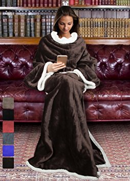 Sherpa Blanket with Sleeves for Women and Men, Super Soft Mink Fleece Wearable Adult Comfy Throw Robe TV Blanket 72" x 55" | Catalonia series by Terrania | Brown