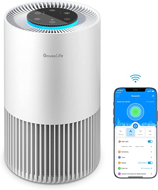 Govee Life Smart Air Purifiers for Bedroom, HEPA Portable Filter Cleaner with WiFi Alexa Control for Pet Hair Odors Pollen Smoke, 24dB Quiet Air Purifier with 3 Speeds, Timer, Aromatherapy for Desktop