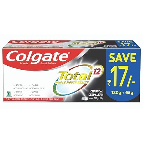 Colgate Total Cavity Protection Fluoride Toothpaste, Charcoal Deep Clean, 185g (120g   65g)