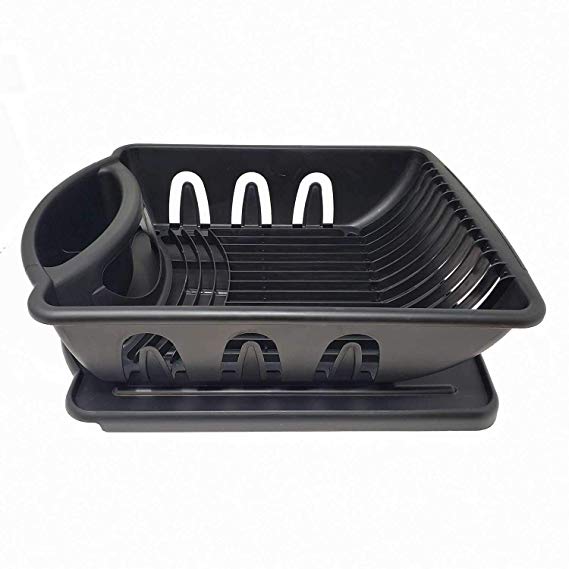 Heavy Duty Sturdy Hard Plastic Sink Set With Dish Rack With Drainer & Drainboard,Easy to Clean With Snap Lock Tab Cup Holders for Home Kitchen Sink Organizers-S,M,L-Made in USA(Black Medium Dish Rack)