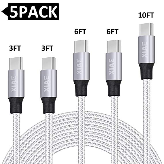 XIAE USB C Cable,5Pack (3/3/6/6/10FT) Nylon Braided Fast Charging Cable Aluminum Housing Compatible with Samsung Galaxy S10 S9 Note 9 8 S8 Plus,LG V30 V20 G6,Google Pixel,Huawei P30/P20-Black&Silver