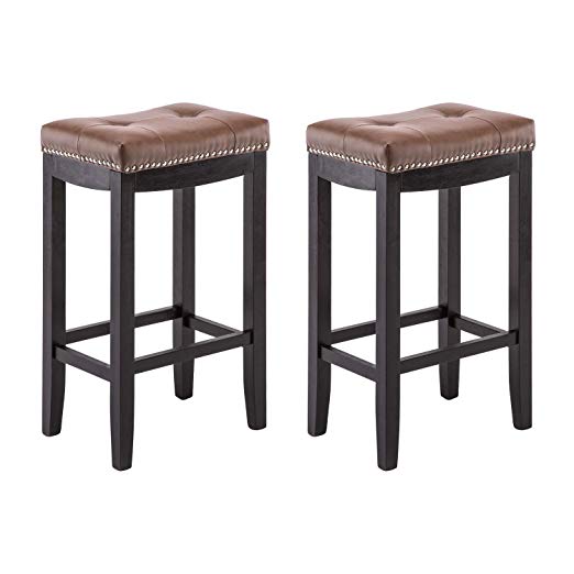 YEEFY Leather Bar Stools Set of 2 29" Counter Height Stools Mid Century with Solid Wood Legs Pub Chair (Brown)