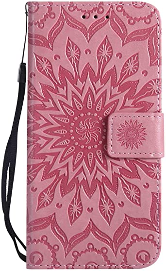 Moto G7 Power Case, KKEIKO Moto G7 Power Flip Leather Wallet Case Notebook Style, Sun Flower Design Shockproof Cover for Moto G7 Power - Pink