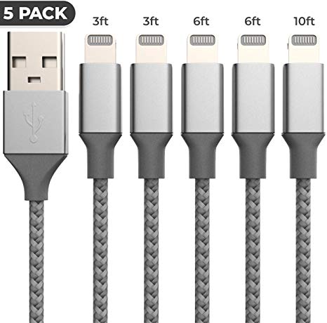 Phone Charger Cable, Charging Cable 5 Pack (3/3/6/6/10 FT) Durable Nylon Braided Fast Charging Cord Charger for Phone Xs/XS Max/XR/X/8/7/6/5 Pad Mini/Pro/Air Pod and More USB Charging Cables - Grey