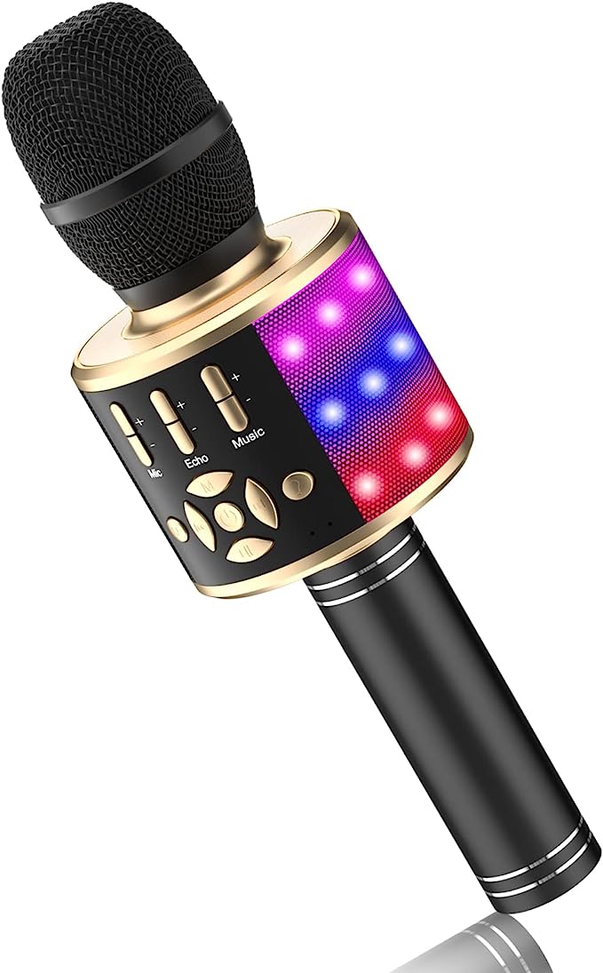 BONAOK Karaoke Microphone Bluetooth Wireless with Colorful LED Lights, Rechargeable Handheld Karaoke Mic & Speaker for All Smartphones, Girls Boys Kids Adults Gifts for Party Birthday(868 Black Gold)