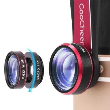 Coocheer Fisheye 198 Degree Clip 15x Macro Lens 0.63x Wide Angle Camera Lens 3 in 1 Kit for Smartphones, Cameras, Laptops, Ipads - Red