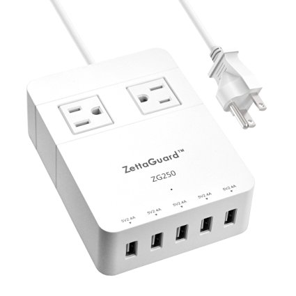 Zettaguard Mini 2-Outlet Travel Power Strip/Surge Protector with USB Charger, White (ZG250)