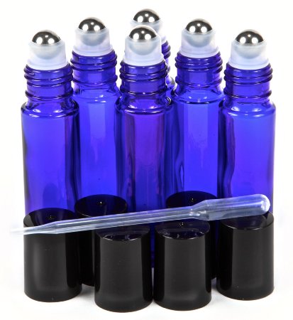 6 New, High Quality, Cobalt Blue, 10 ml Glass Roll-on Bottles with Stainless Steel Roller Balls - .5 ml Dropper Included