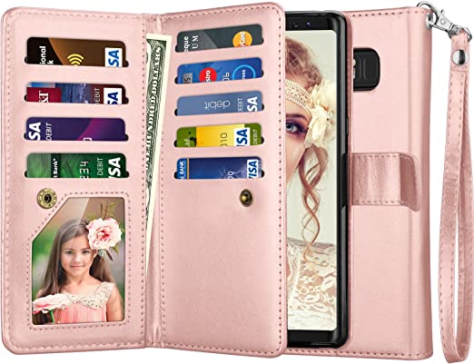 Njjex for Galaxy Note 8 Case, for Note 8 Wallet Case, PU Leather [9 Card Slots] ID Credit Folio Flip Cover [Detachable] [Kickstand] Magnetic Phone Case & Wrist Strap for Samsung Note 8 [Rosegold]