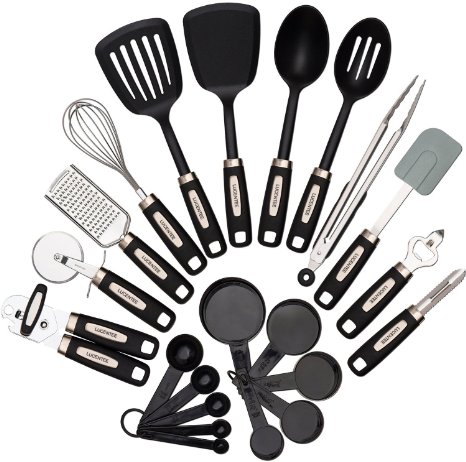 22-piece Kitchen Utensils Sets - Home Cooking Tools- Stainless Steel and Nylon Gadgets- Turners Tongs Spatulas Pizza Cutter Whisk Bottle Opener Grater Peeler Can Opener Measuring Cups and Spoons