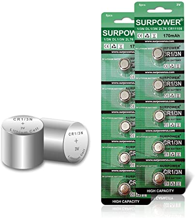 【5-Year Warranty】 SURPOWER CR1/3N 3V Lithium Battery DL1/3N,CR1-3N,1/3N, 2L76 10 Pack