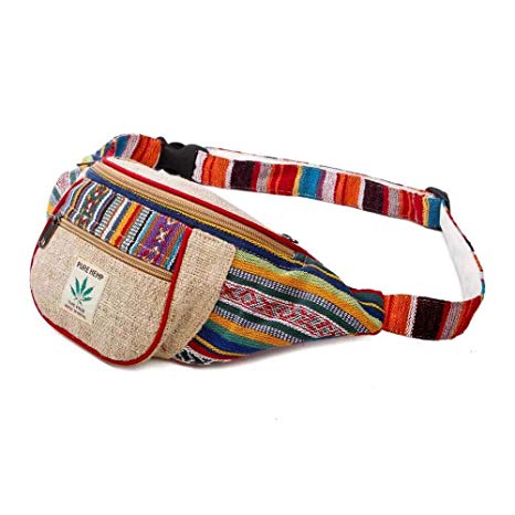 Maha Bodhi Handmade Hemp Festival Waistpack Boho Hippie Waist Bag Hip Bum Running Belt Fanny Pack ~ Multi Color Stripe