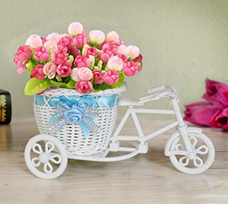 TIED RIBBONS Cycle Shape Plastic Flower Vase with Peonies Bunches (10.01 cm x 11.99 cm x 21.01 cm, Pink)