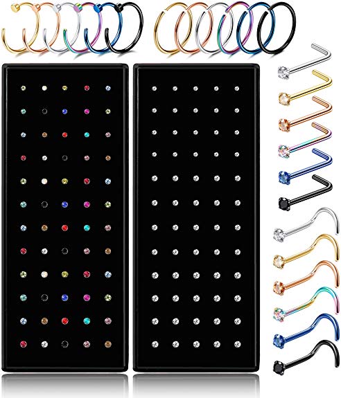 LOLIAS 144 Pcs Stainless Steel Hoop Nose Rings Nose Ring Stud Body Piercing Jewelry CZ Inlaid