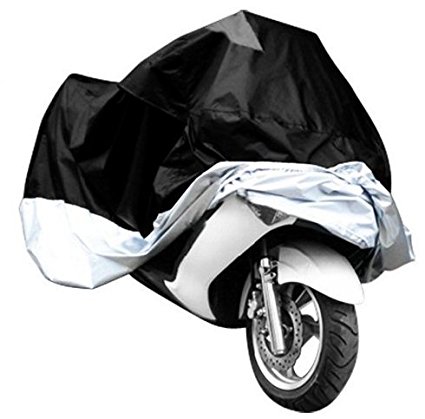 Universal Waterproof Dust Sun proof Indoor Outdoor Motorcycle Motorbike Cover for Harley Davison, Honda, Suzuki, Yamaha, Kawazaki Etc, Package Bag Include (Black/Silver, XL)