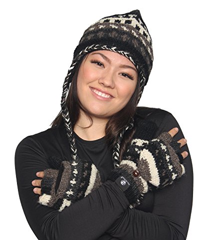 KayJayStyles Nepal Hand Knit Ear Flaps Beanie Ski Wool Hat & Glove Mitten Set