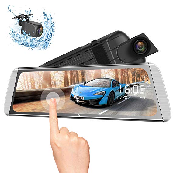 Campark Mirror Dash Cam Front and Rear 10 Inches Touch Screen 1080P Dual Dash Cameras for Cars Waterproof Video Streaming Night Vision