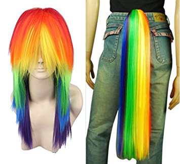 Anogol Hair Cap My Little Pony Rainbow Dash Cosplay Wig with Ponytail