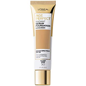 L'Oreal Paris Radiant serum foundation with spf 50, vitamin b3, and hydrating serum by age perfect cosmetics, Golden Beige, 1 Fl Oz