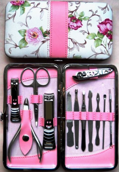 Blow Out Sale, Beautiful 12pcs Stainless Steel Manicure Pedicure Set with Beautiful Rose Leather Case.
