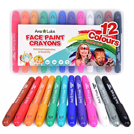 Face Paint Crayons Kit, 12 Washable Non-Toxic Chunky Fun Bright Colour Body Art Painting Sticks. Easy to Use, Water-Based, Long Lasting, Twistable Design. Ideal for Kids, Christmas, Birthdays, Parties