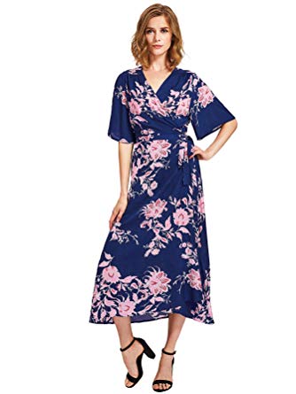 Milumia Women's Boho Deep V Neck Floral Chiffon Wrap Split Long Dress