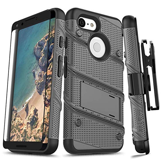 Zizo Bolt Series Compatible with Google Pixel 3 Case Military Grade Drop Tested with Full Glass Screen Protector Holster and Kickstand MetalGray Black