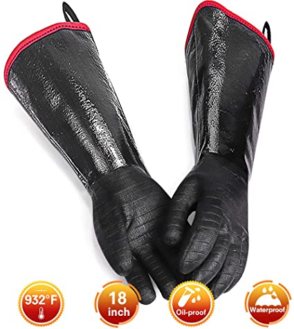 GEEKHOM Heat Resistant BBQ Gloves, 18 inch 932 °F Grilling Smoker Meat Gloves, Long Waterproof Oil-Proof Non-Slip Oven Mitts for Turkey Fryer, Barbecue, Cooking, Baking (Black)