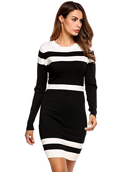 Beyove Women's Colorblock Striped Long Sleeve Cotton Knit Sweater Bodycon Dress