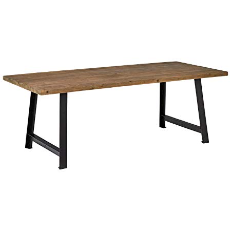 Rivet Rustic Industrial Dining Room Kitchen Table, 86.6 Inch Wide, Natural Wood, Black Iron