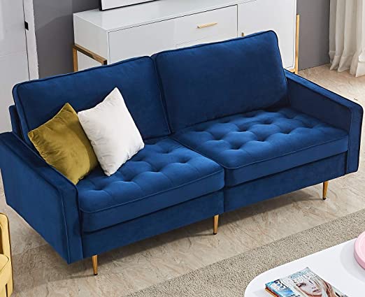 Danxee Velvet Fabric Sofa Couch 71" Wide Mid Century Modern Tufted Fabric Sofa Living Room Sofa 700lb Heavy Duty with 2 Pillows (Blue)
