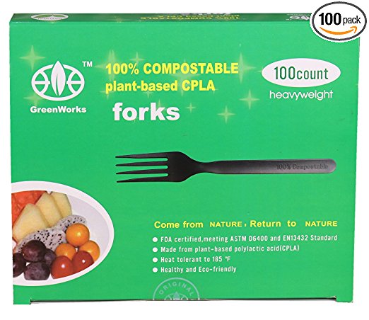 GreenWorks 100% Biodegradable Compostable CPLA Cornstarch Disposable Cutlery FORKS , 100 Heavyweight Flatware Utensils Forks