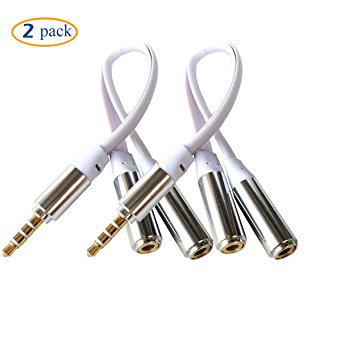 Conwork 2 Pack 3.5mm 4-Position Male to 2 Female Audio Y Headphone Splitter Cable Gold Plated Plugs Output for External Speakers (White)