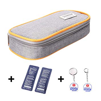 Hiverst Insulated Epipen Carrying Case with 2 Medical Alert Epipen Inside Key Tag & 2 Ice Pack, Auvi-Q, Insulin Diabetic Supplies, Allergy Kids Cooler Medical Travel Organizer