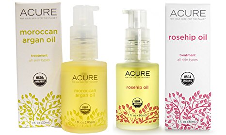 Acure Organics Certified Organic Rosehip Oil and Argan Oil Bundle For Face and Body, Natural Anti-Aging and Environmental Damage Serum With Vitamin C & E, 1 fl. oz. each