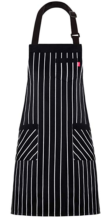 ALIPOBO Aprons for Women and Men, Kitchen Chef Apron with 3 Pockets and 40" Long Ties, Adjustable Bib Apron for Cooking, Serving - 32" x 28" - Black/White Pinstripe - 1 Pcs
