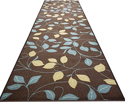 Custom Cut 31-inch Wide by 18-feet Long Runner, Brown Floral Non Slip, Non-Skid, Rubber Backed Stair, Hallway, Kitchen, Carpet Runner Rug - Choose Your Width by Length