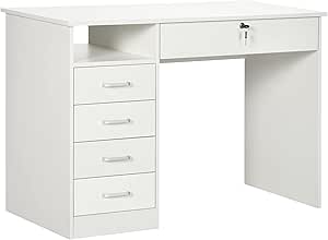 HOMCOM Computer Desk, Home Office Desk with Lockable Drawer, Storage Shelf for Study Bedroom, 110 x 50 x 76 cm, White