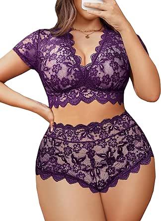 Avidlove Plus Size Lingerie Plus Floral Lace Scallop Trim Lingerie Set Deep V Allover Lace Bra Panties Set Sexy Clubwear