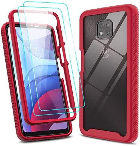 LeYi for Moto G Power 2021 Case (Not Fit 2020 Version), Motorola G Power 2021 Case with 2 Glass Screen Protector, Full-Body Rugged Bumper Shockproof Clear Phone Cover Cases for G Power 2021, Red