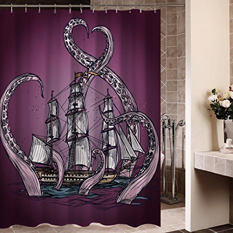 Generic Personalized Purple Sailing Big Octopus on the Sea Shower Curtain Bath Decor Curtain 66 "x 72"
