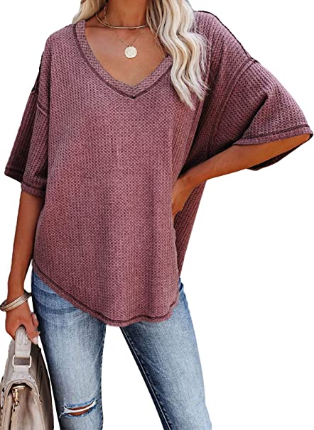 Dokotoo Women's Causual V Neck Short Sleeve Shirts Waffle Knit Loose Tunic Tops Blouses