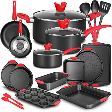 NutriChef w/Heat Red Silicone Handles, Oven Safe, 21 Piece Set, Black