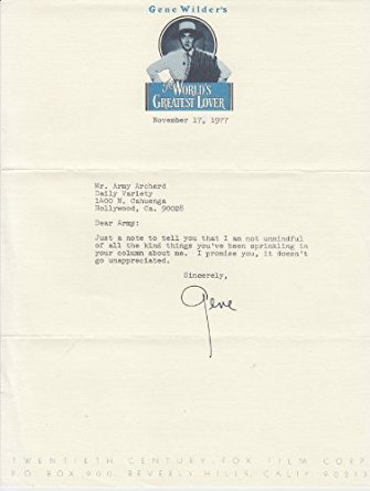 GENE WILDER signed letter to Army Archerd