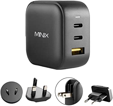 MINIX 66W Turbo 3-Port GaN Wall Charger 2 x USB-C Fast Charging Adapter, 1 x USB-A Quick Charge 3.0, Compatible with MacBook Pro Air, iPad Pro, iPhone 12/12 mini/11, Galaxy S9 S8 and More (NEO P1)