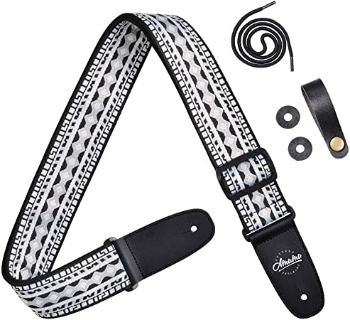 Amumu Hootenanny Embroidery Guitar Strap Black White Cotton for Acoustic, Electric and Bass Guitars with Strap Blocks & Headstock Strap Tie - 2" Wide