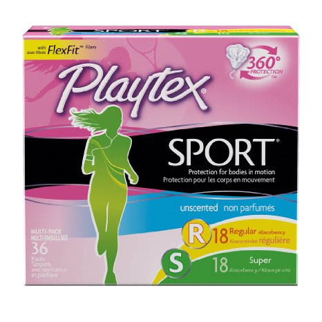 Playtex Sport Tampons with Flex-Fit Technology, Regular and Super Multi-Pack, Unscented - 36 Count