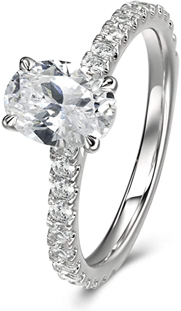 Petite Micropavé 1.5 Carat Oval Cut Cubic Zirconia CZ Solitaire Rhodium Plated Sterling Silver Engagement Rings |Ideal Cut, D-E Color, FL Clarity